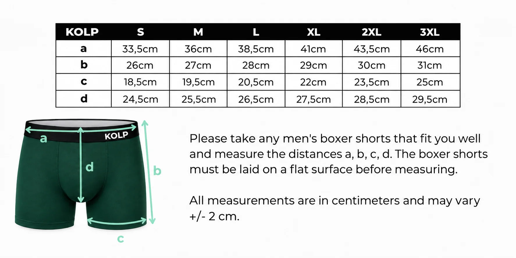 KOLP boxer briefs size guide — S to 3XL measurement chart